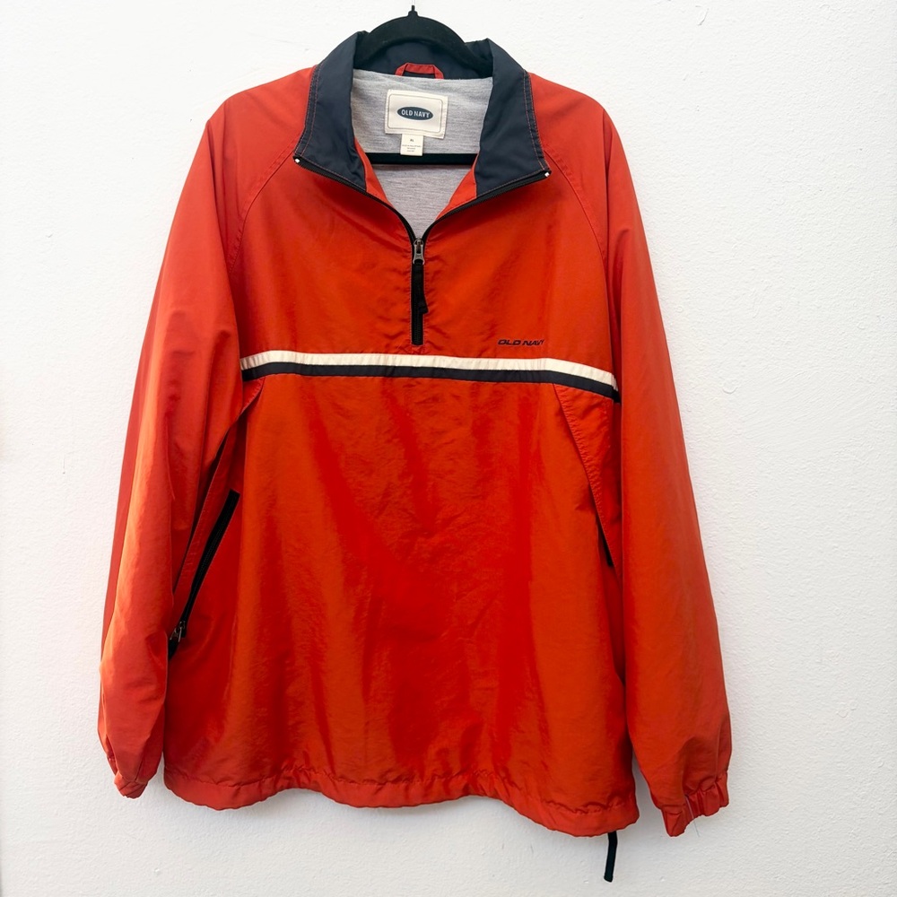 Vintage Old Navy Men's Orange and Red Windbreaker Pullover Jacket Size XL